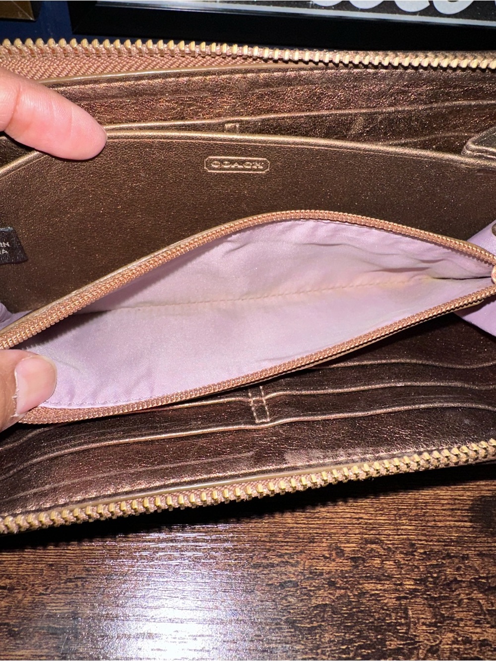 COACH Zoe Vintage Metallic Legacy Bronze Leather Zip Wallet with Buckle Detail - Picture 8 of 12